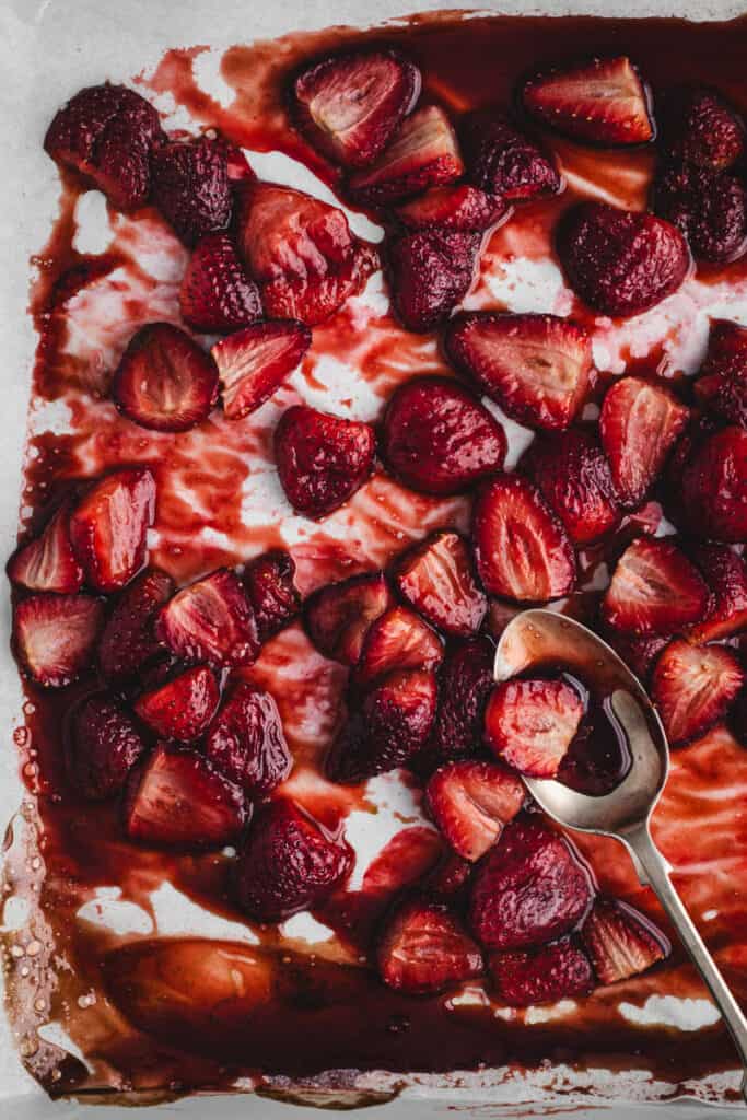 A tray of balsamic roasted strawberries just out of the oven.